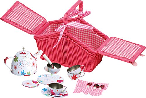 small foot Picknickkorb "Bunte Blumen" aus Rattan in Pink, mit Blechgeschirr in Blumenmuster, 20-tlg., ab 3 Jahren, 9980