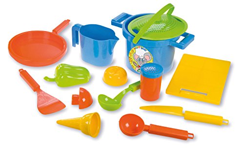 Lena 05410 Happy Sand Spielset Kochen 14 teilig Sand und Wasser Spielzeug Set mit Topf, Sieb, 3 Förmchen, Brett, Pfanne, Eislöffel, Eistüte und weitere Küchenzubehör Teile, 116