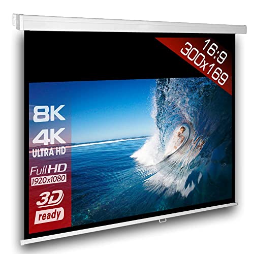 SlenderLine Beamer Leinwand 300 x 169 cm | Format 16:9 | 1.2 Gain | FULL-HD 4K 8K & 2D/3D geeignet | manuelle Rolloleinwand für Heimkino & Präsentation | 4-kant Gehäuse - direkte Decken- bzw. Wandmontage | Aufrollmechanismus mit mehrfach Arretierung