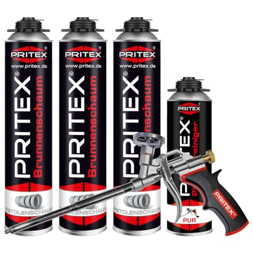 PRITEX – Brunnenschaum Set 3 x 750 ml Pistolenschaum inkl. Pistolenreiniger 500 ml Schaumpistole – Bauschaum zur Montage von Brunnenschachtringen & Rohrelementen