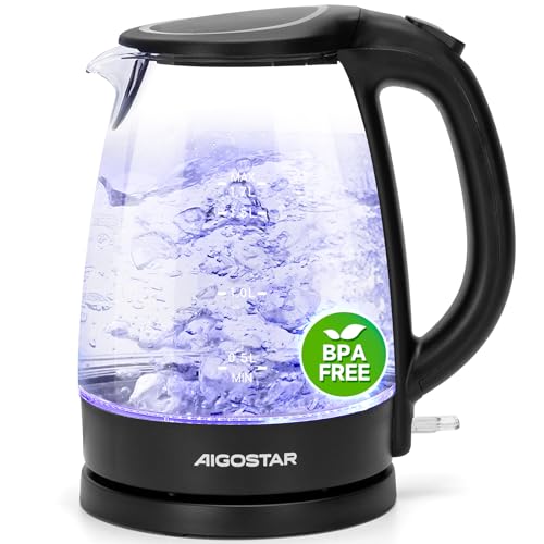 Aigostar Adam - Wasserkocher Glas 1,7 Liter, 2200 Watt, LED-Beleuchtung, 100% BPA Frei, Verdicktes Borosilikatglas Wasserkocher mit Kalkfilter, 360° Edelstahl Sockel, Trockenaufschutz, Schwarz