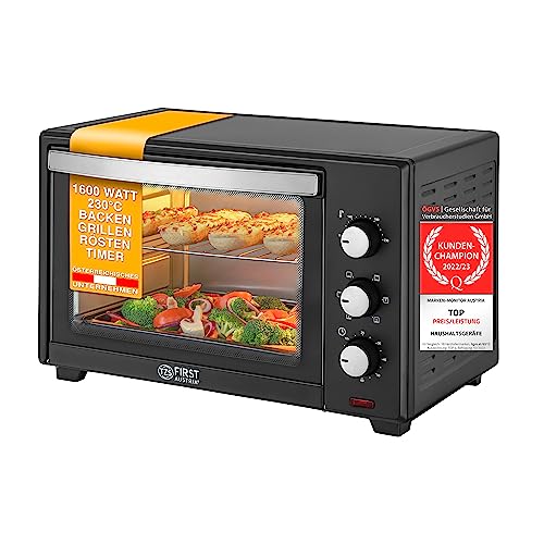 TZS First Austria - 35 Liter, 1600 Watt Minibackofen mit Innenbeleuchtung und Umluft Mini Pizza-Ofen, Doppelglastür, Timer | Mini Backofen | Pizzaofen | herausnehmbares Krümelblech Garraumbeleuchtung