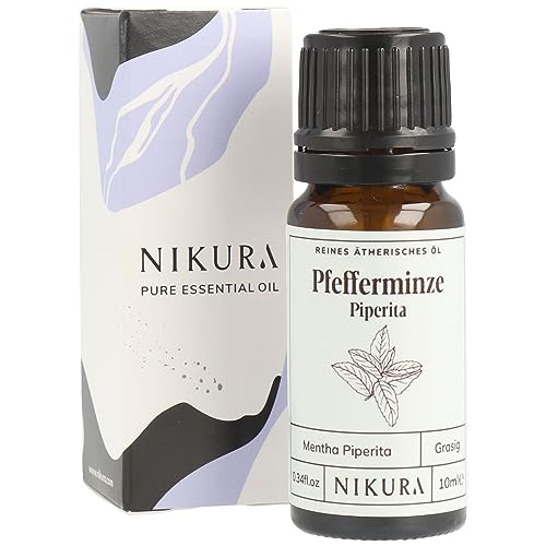 Nikura Pfefferminzöl Piperita - 10ml | 100% reines natürliches Ätherisches Öl | Spinnen und Mäusevertreiber | Ätherische Öle für Diffuser, Haar, Aromatherapie, Duftlampe, Kopfschmerzen