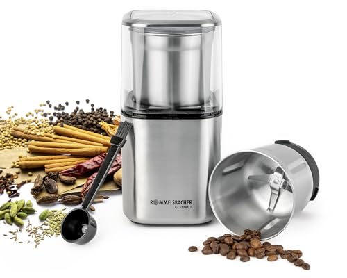 ROMMELSBACHER Gewürz und Kaffee Mühle EGK 200 - 2 Edelstahlbehälter mit Schlagmesser & Spezialmesser, Füllmenge 70 g, Mahlgrad über Mahldauer wählbar, auch für Pesto, Gewürze, Nüsse, Zucker, 200 Watt