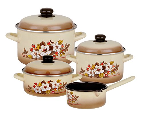 GSW 243155 Madeira Topf-Set 4-teilig, Emaille, beige mit dekor, 24 cm, 7-Einheiten