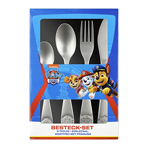 P:os 29991049 - Besteck-Set mit Paw Patrol Prägung, 4-teiliges Kinder-Besteck aus rostfreiem Edelstahl, Ess-Besteck mit Messer, Gabel, Suppen-Löffel und Dessert-Löffel, spülmaschinengeeignet