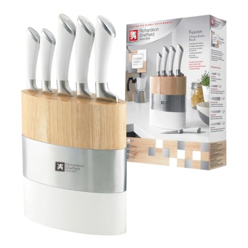 Richardson Sheffield FUSION Messerblock, Holz, inkl. 5-teiliges Messer-Set, Küchenmesser, Allzweckmesser, Kochmesser, Fleischmesser & Brotmesser, ergnomomischer Griff, edles Design, Weiß/Braun