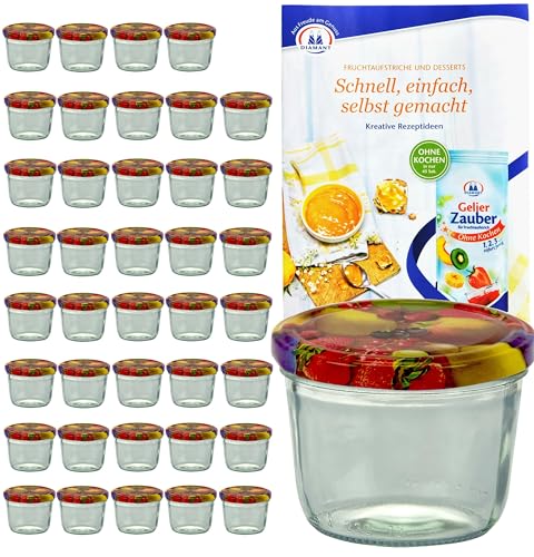 MamboCat 40er Set Sturzgläser 230 ml mit Obst Dekor Deckel To 82 inkl. Diamant Gelierzauber Rezeptheft Marmeladengläser Einmachgläser Einweckgläser