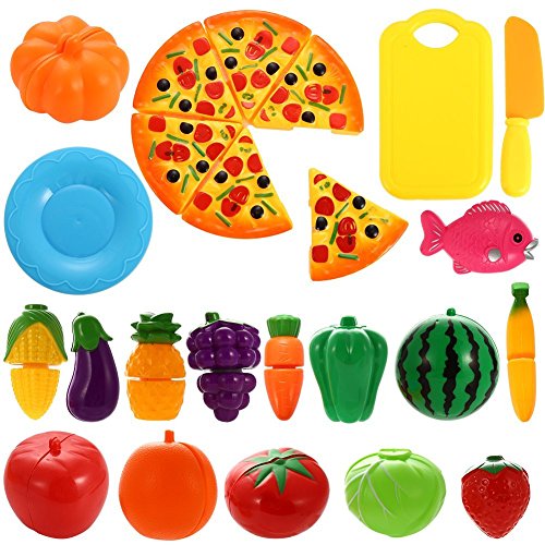 NIWWIN 24 PCS Spiel Essen Set für Kinder Kunststoff Schneiden Pizza Obst und Gemüse vorgeben Spielen Set