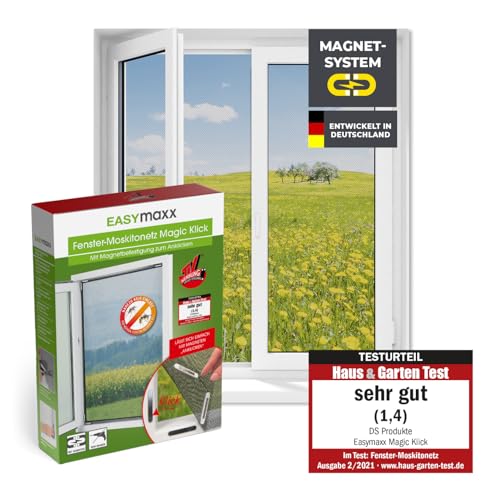 EASYmaxx Fliegengitter für Fenster mit Magic Click | Moskitonetz individuell zuschneidbar für alle Fenster bis 150 x 130 cm | Einfache Montage mit 12 Magneten - kein Bohren oder Schrauben [Schwarz]