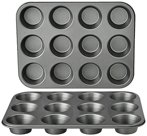 Amazon Basics - Rund Backblech für Muffins, antihaftbeschichtet, Karbonstahl, 2er-Pack, Grau, 13.9"x10.55"x1.22"