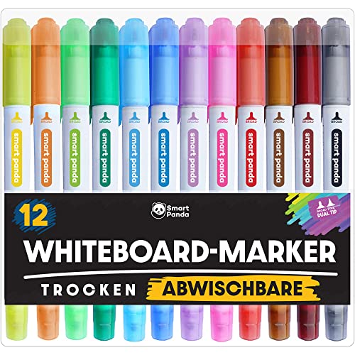 Whiteboard Marker von SmartPanda – Whiteboard Stifte, Folienstift Abwischbar - Doppelspitze, Breite und Feine – Abwischbare Stifte, non Permanent Marker, Whiteboardmarker – 12er Set