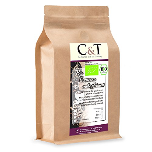 C&T Bio Espresso Crema | Cafe entkoffeiniert 100 % Arabica 500 g entkoffeinierter Kaffee ganze Bohnen im Kraftpapierbeutel