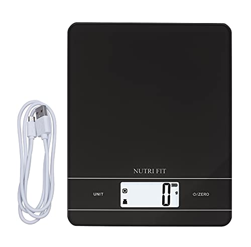 NUTRI FIT Wiederaufladbare Digitale Küchenwaage, USB Elektronische Lebensmittelwaage, Hohe Genauigkeit, Tragbar und Tara-Funktion, 11lb / 5kg, Back- & Kochwaage, Schwarz