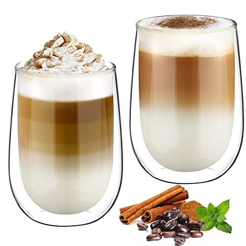 glastal 350ml Doppelwandige Latte Macchiato Gläser Set Borosilikatglas Kaffeetassen Glas 2er Set Kaffeeglas Teegläser für Cappuccino,Latte,Tee,EIS,Eistee,Iced Americano,Milch,Saft,Bier