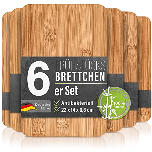 6er-Set Frühstücksbrettchen aus Bambus Holz - 22x14x0,8cm Holzbrettchen Set Brettchen Frühstücksbrett Holzbrett