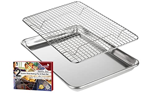 KITCHENATICS Kleine Viertel Blech-Backform mit Rost, Edelstahl-Grillrost und Aluminium-Backform, Toast-Ofenblech mit Abkühlgitter, 1/4-Blechpfanne und Gitterrost-Set – 24,4 x 33 cm