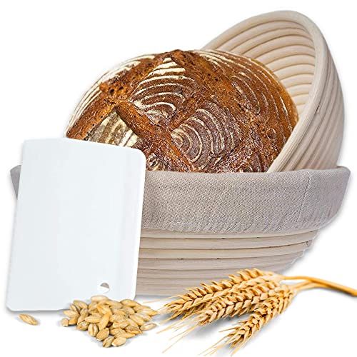 riijk Gärkorb 2er Set + Teigschaber, 2 Gärkörbe für Brot und Brotteig - Peddigrohr (rund, 22 und 25 cm) mit Leineneinsatz, rostfrei geklammert