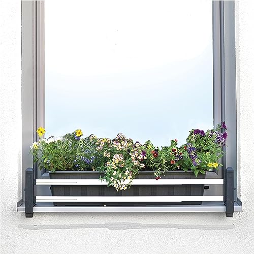 Blumenkasten Halterung Fensterbank außen, masu BASISSET, Blumenkastenhalterung ohne Bohren, sichert Blumentopf, Balkonkasten, Deko, ohne Beschädigung der Fassade (Anthrazit, ohne Dekorelemente)