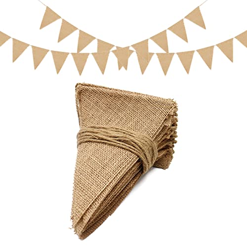 jijAcraft Wimpelkette Jute Wimpel Leinen Girlande 15 Meter Hessischen Banner Rustikal für Hochzeitsdekoration, Partydekoration, Taufe (48 Stück Wimpel)