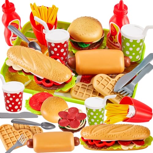 BUYGER Kinderküche Spielküche Zubehör für Kinder, Hamburger Fast Food Lebensmittel Grill Zubehör Spielzeug, Matschküche Kinder Outdoor, Rollenspiele Geschenk