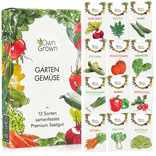 OwnGrown Gemüse Samen Set - 12 Pflanzensamen Sorten für Hochbeet und Garten - Praktische Box mit Gemüsesamen für den Anbau Frischer Ernte zu Hause - Ideal für Gartenliebhaber