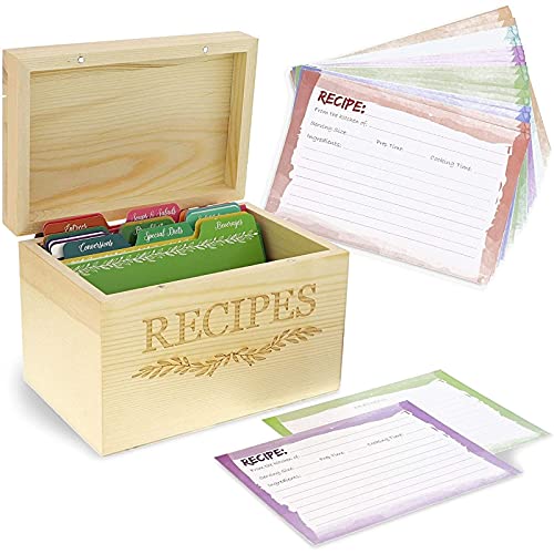 Rezeptbox aus Holz mit 60 Rezeptkarten zum Beschriften und Register, Recipes, Efeu-Design, Kiefernholz, 18 x 13 x 12 cm