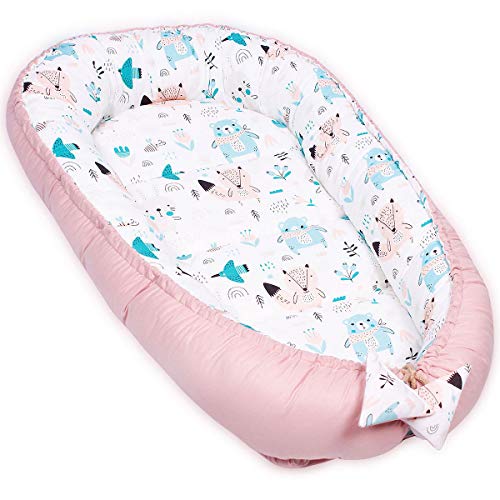 PaLulli Kuschelnest 2-seitig Babynest Babynestchen Baby Nest Nestchen Reisebett Wickelauflage Kuschelbett, Kokon Kokon für Babybett - Babys und Säuglinge, 100% Baumwolle Oeko TEX (Rosa Bär)