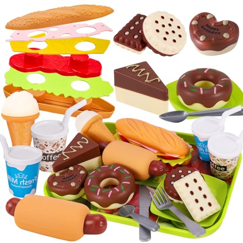 HERSITY Spielküche Zubehör Lebensmittel Spielzeug Kinder ab 3 Jahre, Küchenspielzeug Kuchen Hamburger Set Rollenspiele Geschenk für Jungen Mädchen 4 5 Jahre