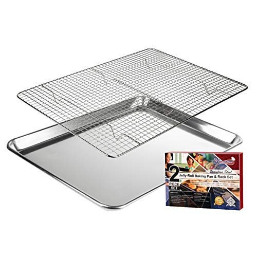 KITCHENATICS Brat- und Backblech mit Kuchengitter: Aluminium Backblech mit Edelstahl Auskühlgitter (1 Tablett + 1 Grillrost) Ungiftig, & Leicht zu Reinigen - 27 cm x 39,62 cm