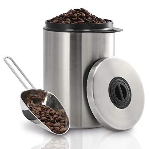 Xavax Kaffeedose für 1kg Kaffeebohnen (luftdichter Kaffeebohnen-Behälter mit Kaffee-Schaufel, Aromadose aus Edelstahl, Vorratsdose zur Aufbewahrung) silber, One Size