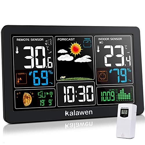 Kalawen Wetterstation mit Außensensor Innen und Außen 9-IN-1 Wireless Digital Wecker Barometer Weather Station Temperatur-Feuchtigkeits-Monitor Wettervorhersage für Zuhause Hausgarten Büro