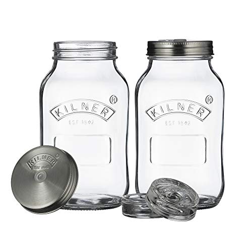 KILNER Fermentier Set | 2x 1 Liter Glas mit Gärungsdeckel | einfaches Haltbarmachen von Gemüse | Fermentieren Starter Set | Konservieren von Gemüse, wie Sauerkraut und Kimchi | Einmachglas 1l