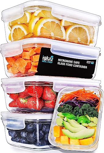 Igluu Meal Prep Gläser (5er-pack + 1 zusätzlicher Deckel) - Glasbehälter Mit Deckel; Mikrowellen-, Backofen-, Gefrier- Und Spülmaschinenfest - Meal Prep Boxen Glas (840ml)