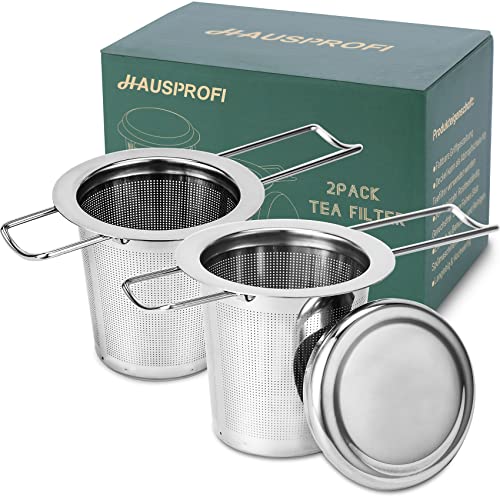 HAUSPROFI 2 Stück Teesieb Teefilter und Deckel/Abtropfschale, 304 Edelstahl Tee-Sieb für losen Tee, Faltbare Griffgestaltung Passend für die Meiste