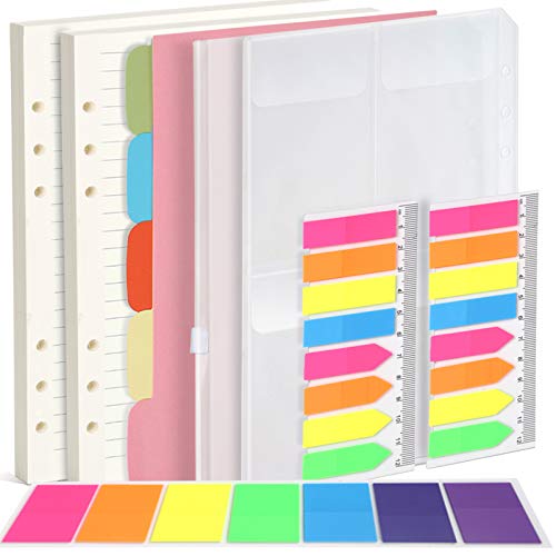 FANDAMEI A5 Nachfüllbare Notizpapier Set, 2 Packe 6 Löcher A5 Nachfüllpapier A5 Liniert 90 Blätter/180 Seiten, 5 Stücke Farbige Trennblätter A5, 460 Stücke Haftnotizen Bunt, 2 Stk. Umschlägbeutel A5