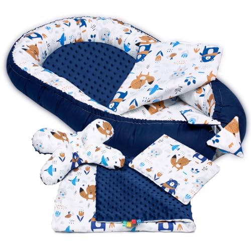 PaLulli 5-TLG Baby Ausstattung-Set Kuschelnest Babynest 95x55cm Baby-Matratze Kuscheldecke Flachkissen Babybett 100% Baumwolle Hypoallergisch Für 0-8 Monate Kopfkissen Aztec Bears