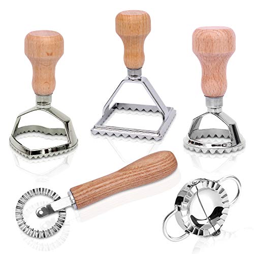 Ravioli Ausstecher Set mit Teigtaschenformer und Teigrädchen - aus hochwertigem Buchenholz und rostfreiem Edelstahl - Ravioliform ideal auch für Teigtaschen Maultaschen Pierogie & Dumplings (5er Set)