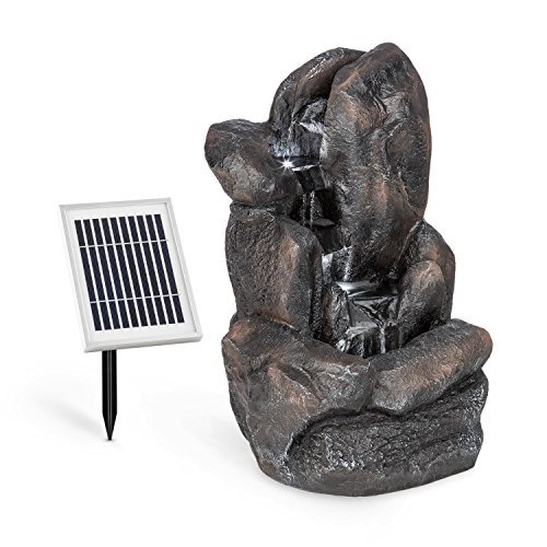 blumfeldt Felsquell - Solar-Kaskadenbrunnen, Gartenbrunnen, Garten-Deko, LED-Beleuchtung, 2 Watt Solarpanel, 2000mAh Akku, Miniaturpumpe, frostbeständiger Polyresin, dunkelsilber