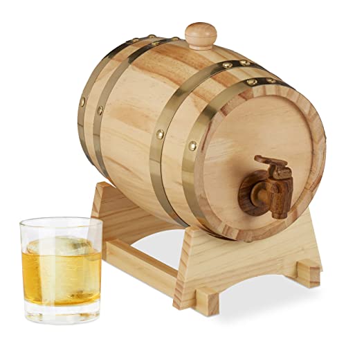 Relaxdays 10027852 Holzfass 1,25 l, mit Bock, Zapfhahn, für Whiskey, Wein, Spirituosen, Whiskyfass HxBxT 23 x 16 x 25,5 cm, Natur, Holz