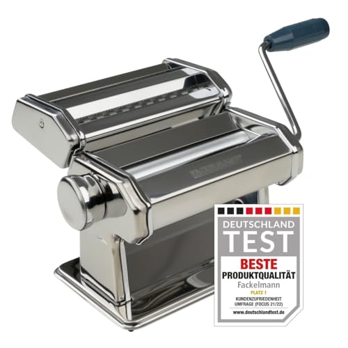 Fackelmann #easyprepare Nudelmaschine für leckere Pasta – Aufsätze für Lasagneblätter, Tagliatelle & Spaghetti – Inklusive Tischhalterung und Anti-Rutsch-Boden, Weiß/Blau-grau