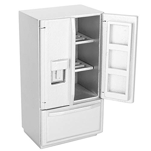 Zerodis 1: 12 Doppeldeck Kühlschrank, Mini Birke Holz Mini Kühlschrank Kühlschrank Puppenhaus Küchenmöbel für Puppenhaus Dekoration(Silber)