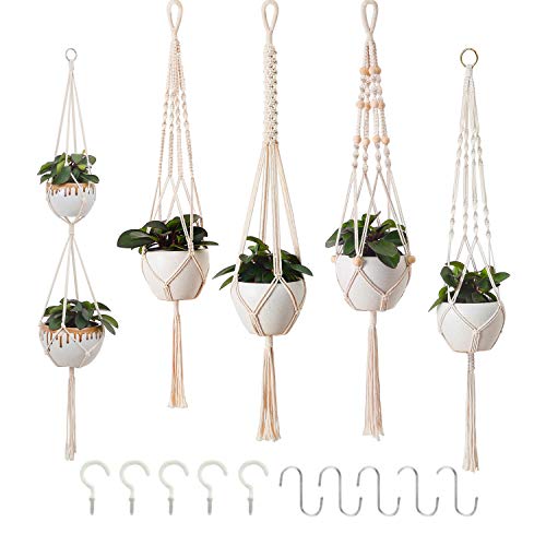 Petutu 5er Set Makramee Blumenampel, Boho Deko Baumwollseil Hängeampel Blumentopf Pflanzen Halter Aufhänger für Innen Außen Decken Balkone Wanddekoration (Beige)