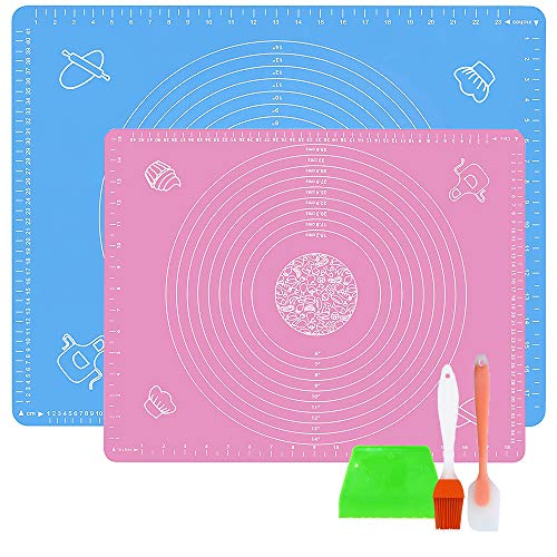 LandJoy Backmatten Silikon,2 Pcs Groß Antihafte Rutschfeste Backunterlage,Arbeitsmatte mit Messung,Teigmatte für Fondant Gebäck Matte mit Teigschaber,Teigkarte und Backpinsel（Blau 70*50,Rosa 50*40） …