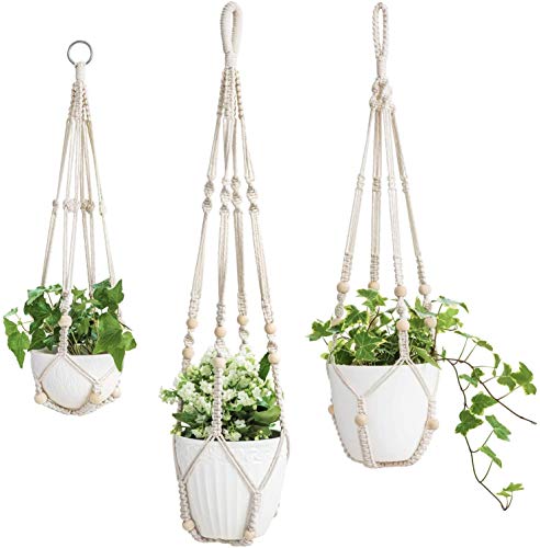 Mkouo 3er Set Makramee Blumenampel Pflanzenhänger Innen Pflanzkorb Hängender Blumentopfhalter Baumwollseil mit Perlen ohne Quasten, 58cm/73cm/89cm