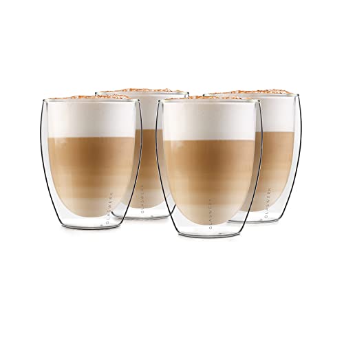 GLASWERK Design Latte Macchiato Gläser doppelwandig (4 x 350ml) Cappuccino Tassen aus Borosilikatglas - Spülmaschinenfeste Teegläser Kaffeetassen Set - Thermogläser