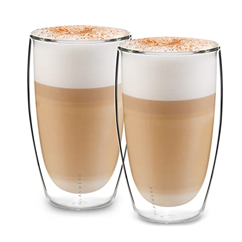 GLASWERK Design Latte Macchiato Gläser doppelwandig (2 x 450ml) Cappuccino Tassen - aus Borosilikatglas - Spülmaschinenfeste Teegläser Kaffeetassen Set - Thermogläser