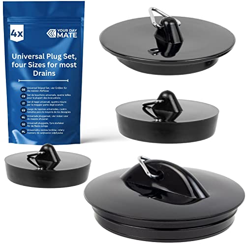 Universal Stöpsel Set, 4 Pack mit Allen Größen, in Schwarz, PVC Ablauf Stopfen für 1 1/2" - 1 3/4" - 2 Zoll Ventiloberteile, Abflussstöpsel Waschbecken, Waschbeckenstöpsel, Badewannenstöpsel Haushalt