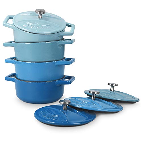 Navaris Mini Cocotte Set - 4x Gusseisen Mini Topf Blau - Optimale Wärme Distribution - Mini Auflaufform mit Deckel - Kleine Dessert Töpfe - Auflaufförmchen backofenfest