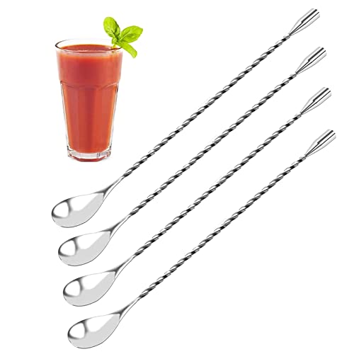 Cocktail Rührlöffel, Barlöffel Rühroffel 30 cm Langer Griff, Edelstahl Gin Löffel für Martinis, Kaffee, Bar, Cocktail Shaker, Löffel mit Spiral-Muster, 4 Stück, Silber